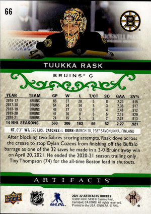 2021-22 Upper Deck Artifacts Hockey - Base - Green /99 #66 Tuukka Rask - Boston Bruins