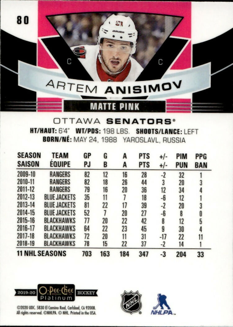 2019-20 Upper Deck O-Pee Chee Platinum Hockey - Matte Pink #80 Artem Anisimov - Ottawa Senators