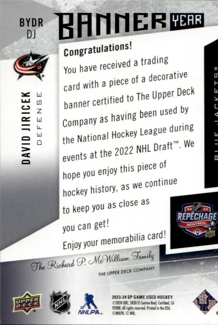 2023-24 Upper Deck SP Game Used Hockey - Banner Year #BYDR-DJ David Jiricek - Columbus Blue Jackets - AA