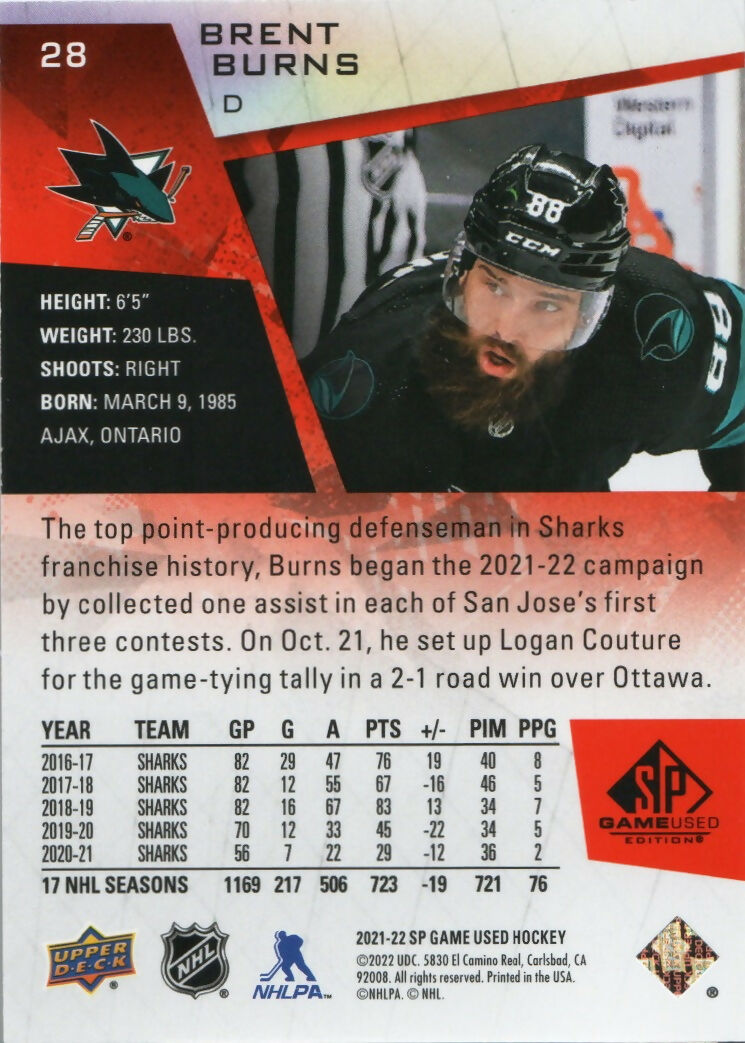 2021-22 Upper Deck SP Game Used Hockey - Base :205 #28 Brent Burns - San Jose Sharks - B