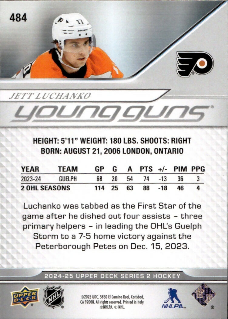 2024-25 Upper Deck Series 2 Hockey - Base - Young Guns #484 Jett Luchenko - Philadelphia Flyers - B