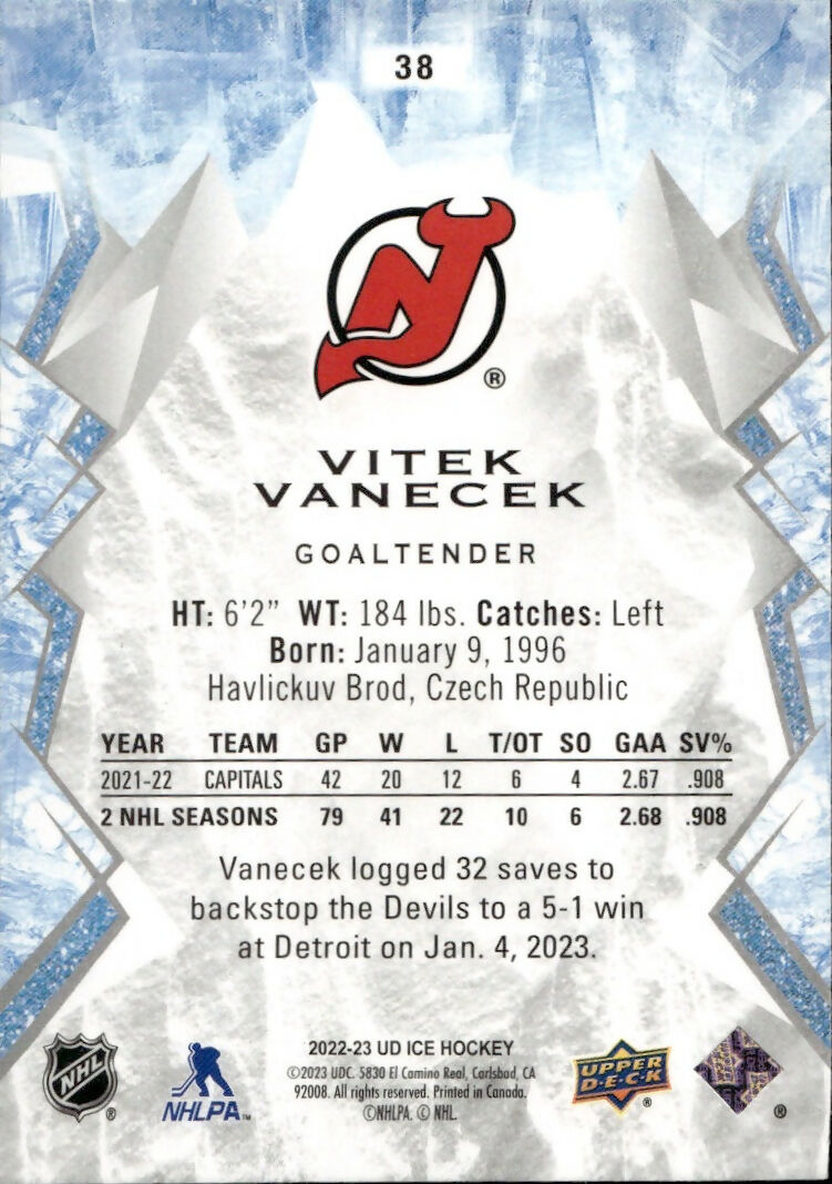 2022-23 Upper Deck Ice Hockey - Base - Green #38 Vitek Vanecek - New Jersey Devils - B