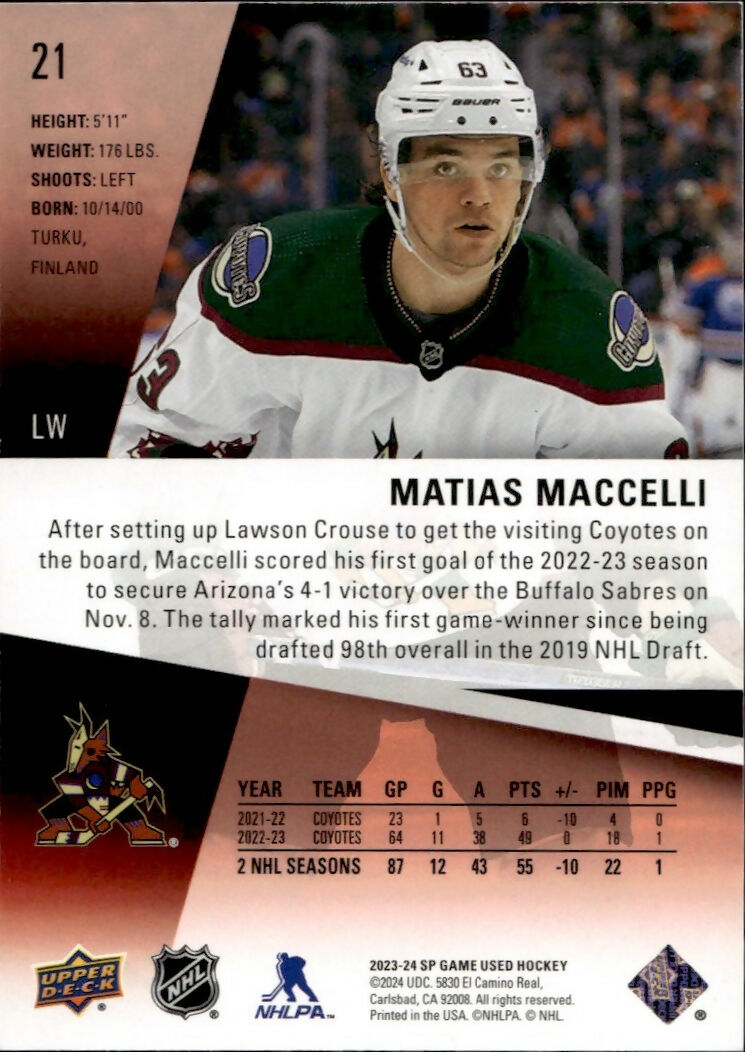 2023-24 Upper Deck SP Game Used Hockey - Base - Red :223 #21 Matias Maccelli - Arizona Coyotes - B