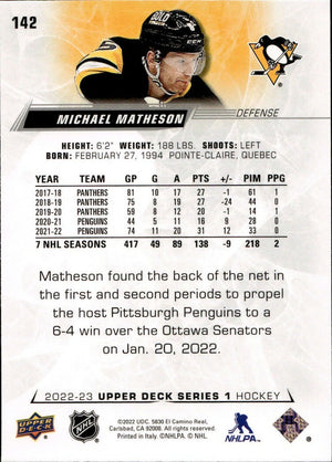 2022-23 Upper Deck Series 1 Hockey - Base #142 Michael Matheson - Pittsburgh Penguins - B