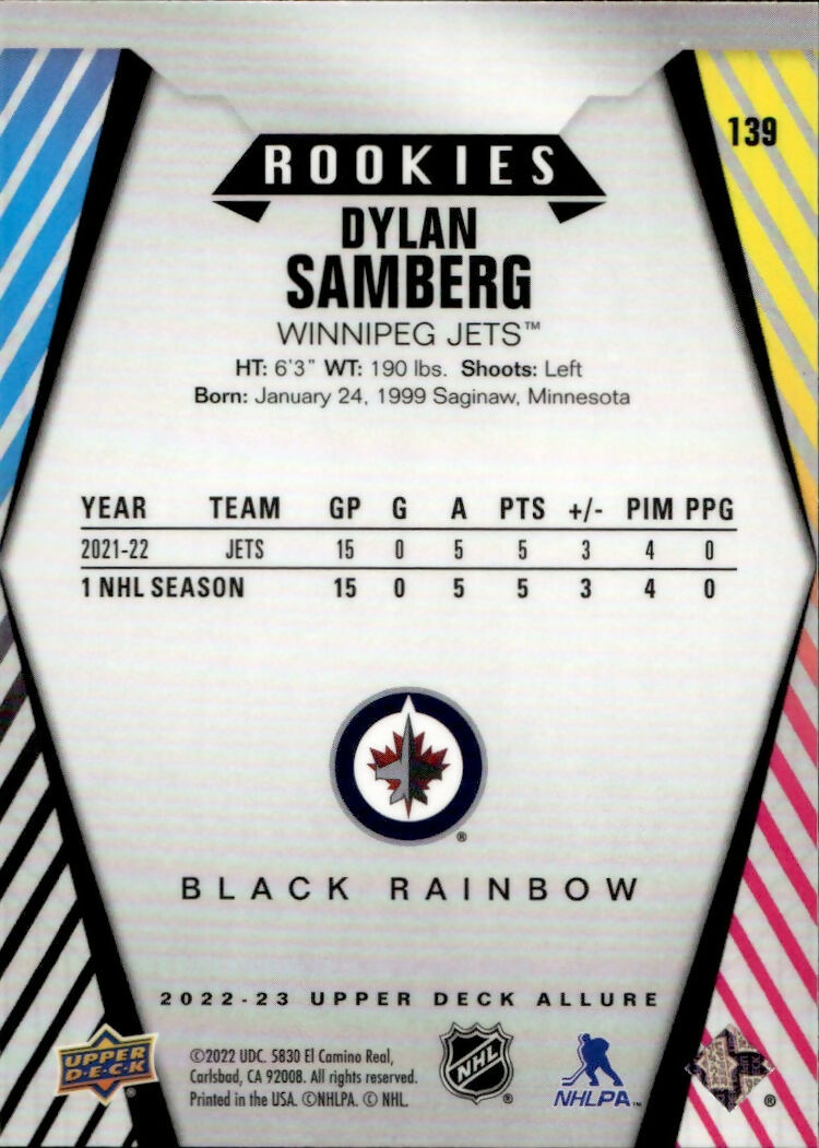 2022-23 Upper Deck Allure Hockey - Base -Rookie  - Black Rainbow #139 Dylan Samberg - Winnipeg Jets - B