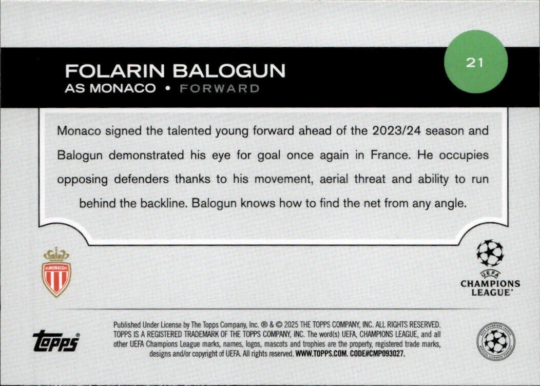2024-25 Topps UEFA Club Competitions - Base #21 Forarin Balogun - AS Monaco - B