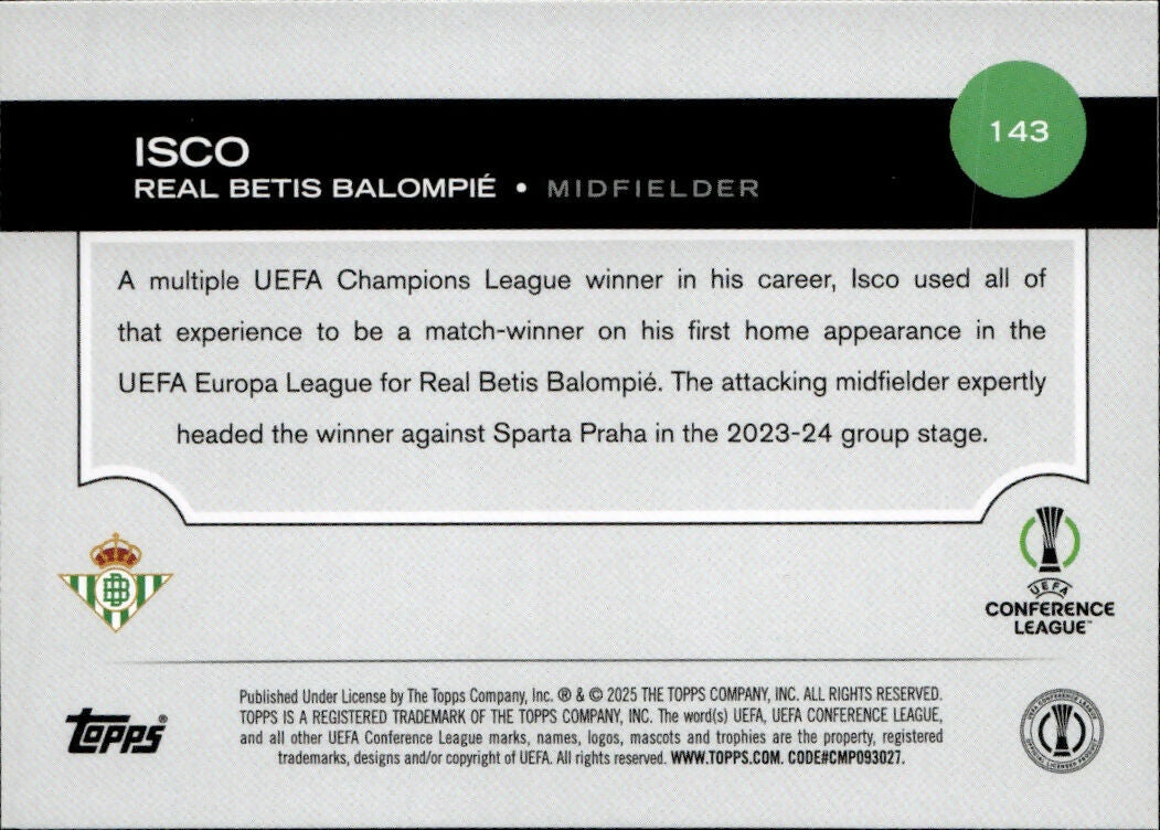 2024-25 Topps UEFA Club Competitions - Base #143 Isco - Real Betis Balompie - B