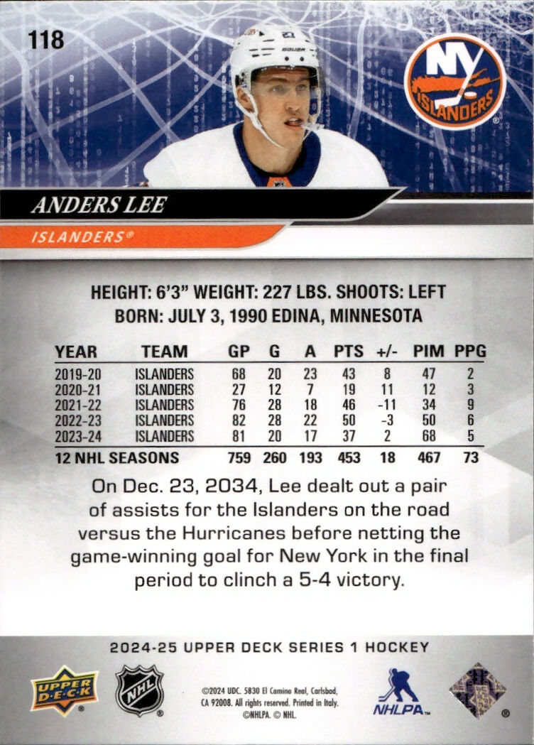 2024-25 Upper Deck Series 1 Hockey - Base #118 Anders Lee - New York Islanders - B