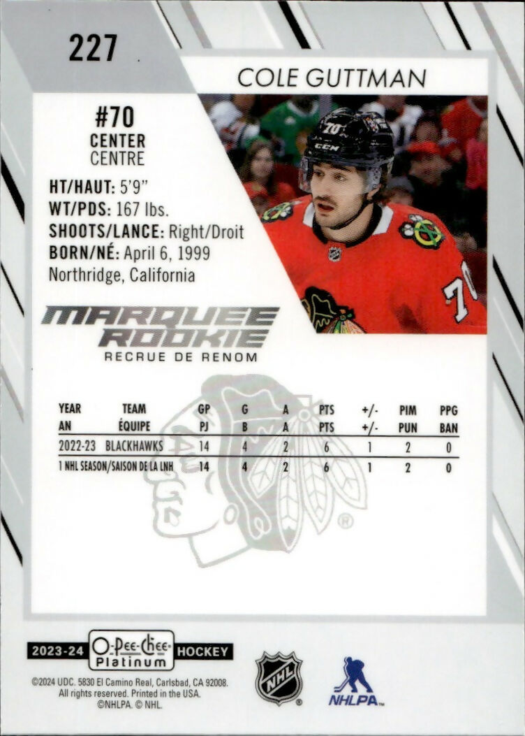 2023-24 Upper Deck O-Pee-Chee Platinum Hockey - Base - Marquee Rookie #227 Cole Guttman - Chicago Blackhawks - B