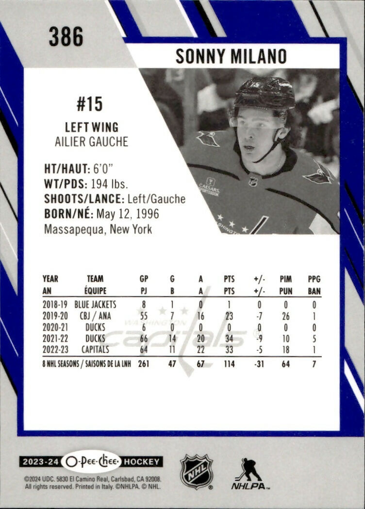 2023-24 Upper Deck O-Pee-Chee Hockey - Base - Blue Boarder #386 Sonny Milano - Washington Capitals - B