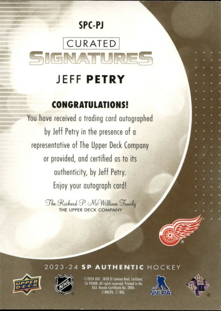 2023-24 Upper Deck SP Authentic Hockey - Curated Signatures #SPC-PJ Jeff Petry - Detroit Red Wings - B