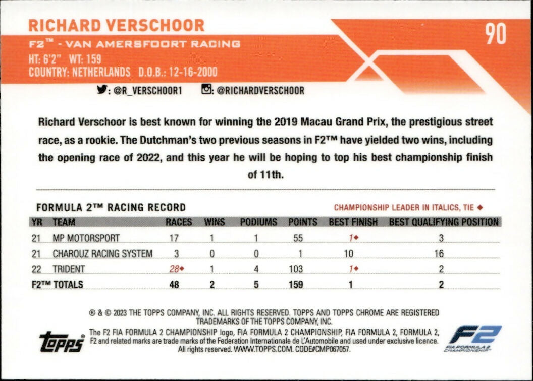 2023 Topps Chrome Formula 1 Base #90 - F2 Drivers Richard Verschoor - F2 Van Amersfoort Racing - B