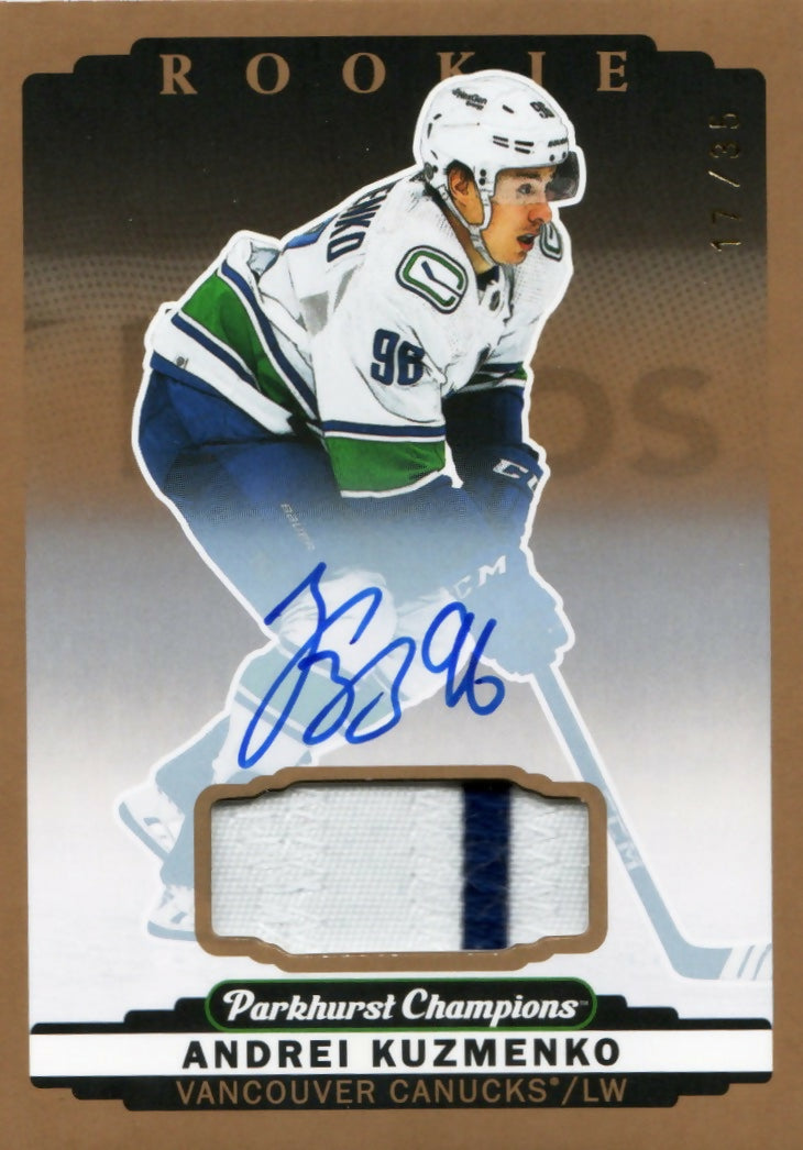 2022-23 Upper Deck Parkhurst Hockey - Base - Patch - Auto Premium :35 #305 Andrei Kuzmenko - Vancouver Canucks - A