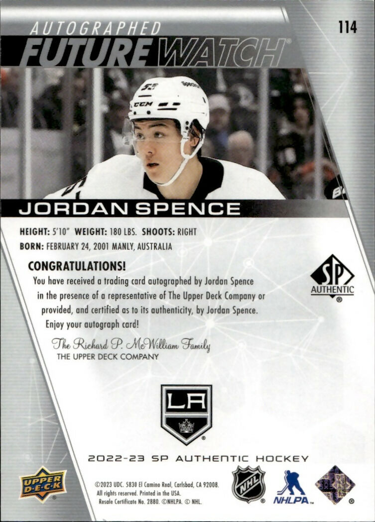 2022-23 Upper Deck SP Authentic Hockey - Base - Future Watch Auto :999 #114 Jordan Spence - Los Angeles Kings - B