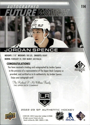 2022-23 Upper Deck SP Authentic Hockey - Base - Future Watch Auto :999 #114 Jordan Spence - Los Angeles Kings - B