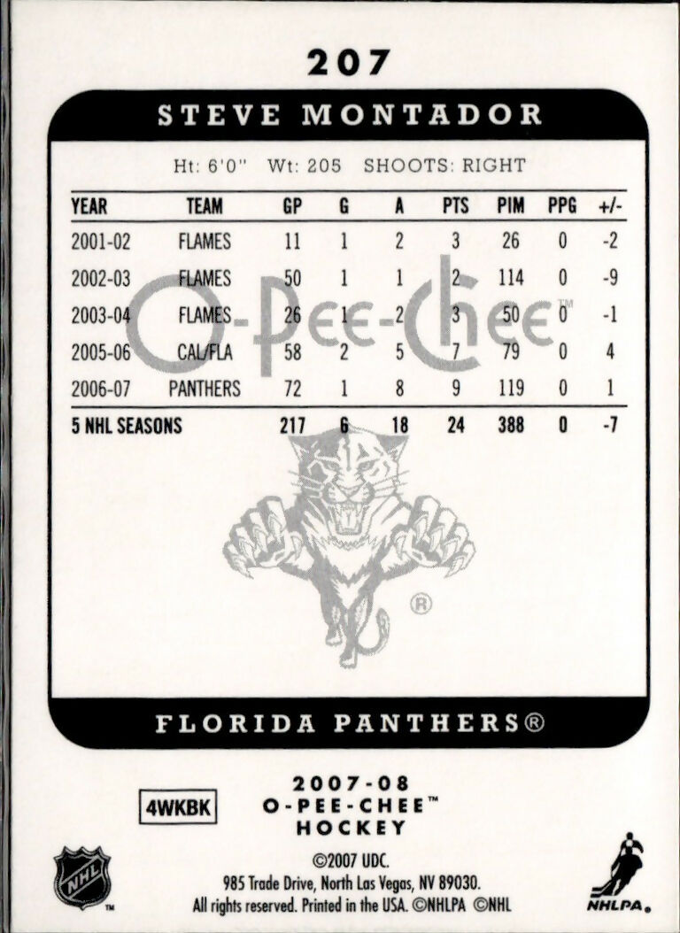 2007-08 O-Pee-Chee - Base #207 Steve Montador - Florida Panthers - B