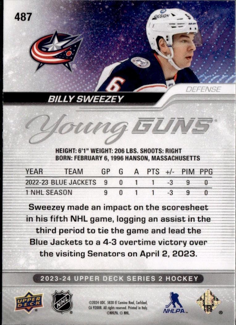 2023-24 Upper Deck Series 2 Hockey Base Young Guns #487 – Billy Sweezey (Columbus Blue Jackets)