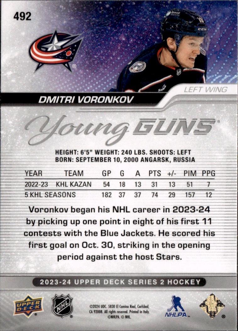 2023-24 Upper Deck Series 2 Hockey Base Young Guns #492 – Dmitri Voronkov (Columbus Blue Jackets)