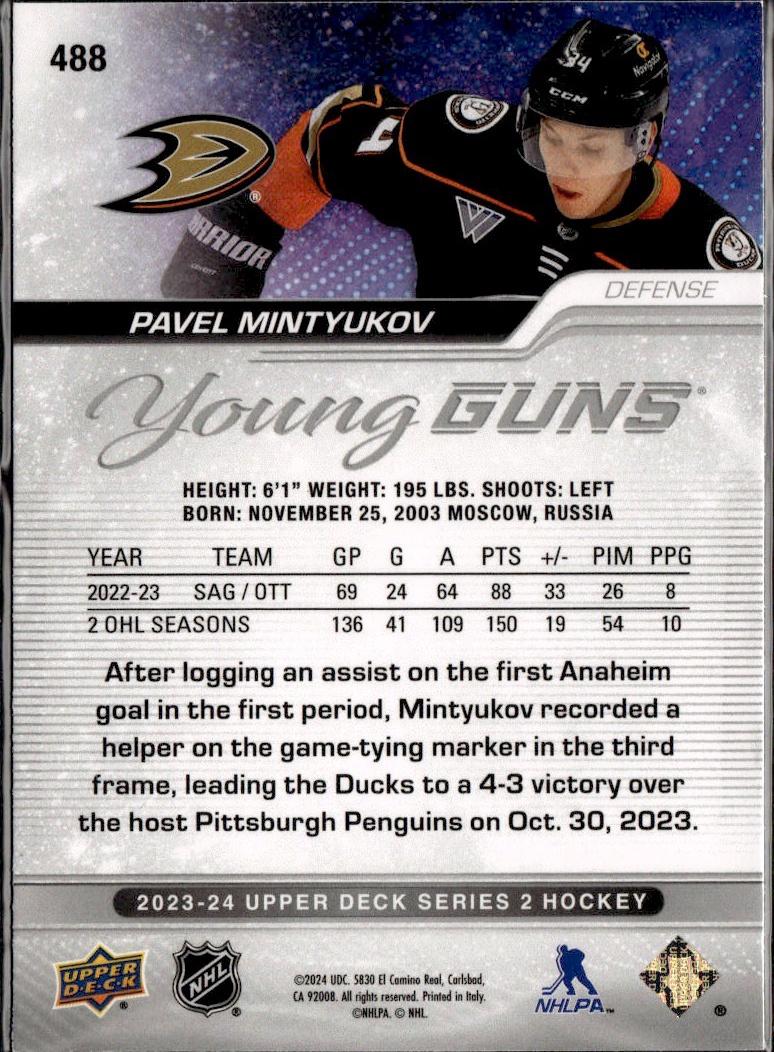 2023-24 Upper Deck Series 2 Hockey Base Young Guns #488 – Pavel Mintyukov (Anaheim Ducks)