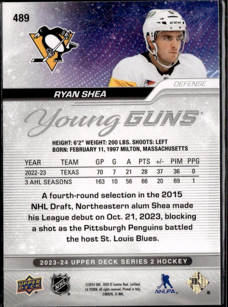 2023-24 Upper Deck Series 2 Hockey Base Young Guns #489 – Ryan Shea (Pittsburgh Penguins)