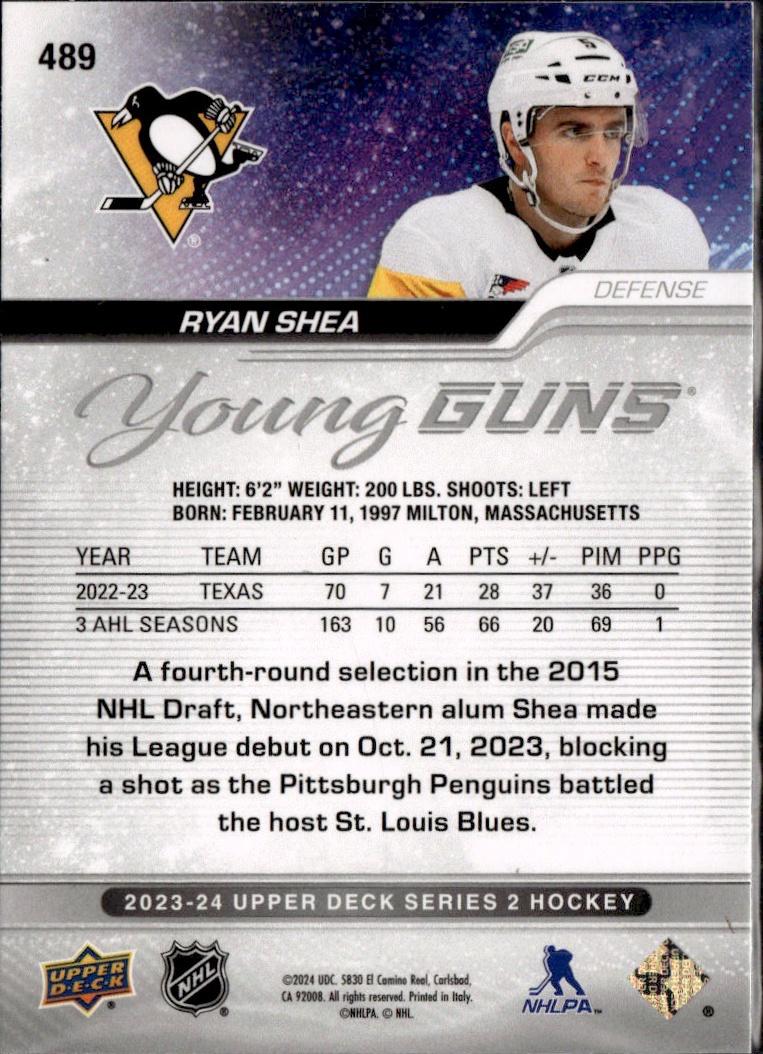 2023-24 Upper Deck Series 2 Hockey Base Young Guns #489 – Ryan Shea (Pittsburgh Penguins)