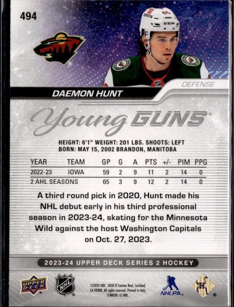 2023-24 Upper Deck Series 2 Hockey Base Young Guns #494 – Daemon Hunt (Minnesota Wild)