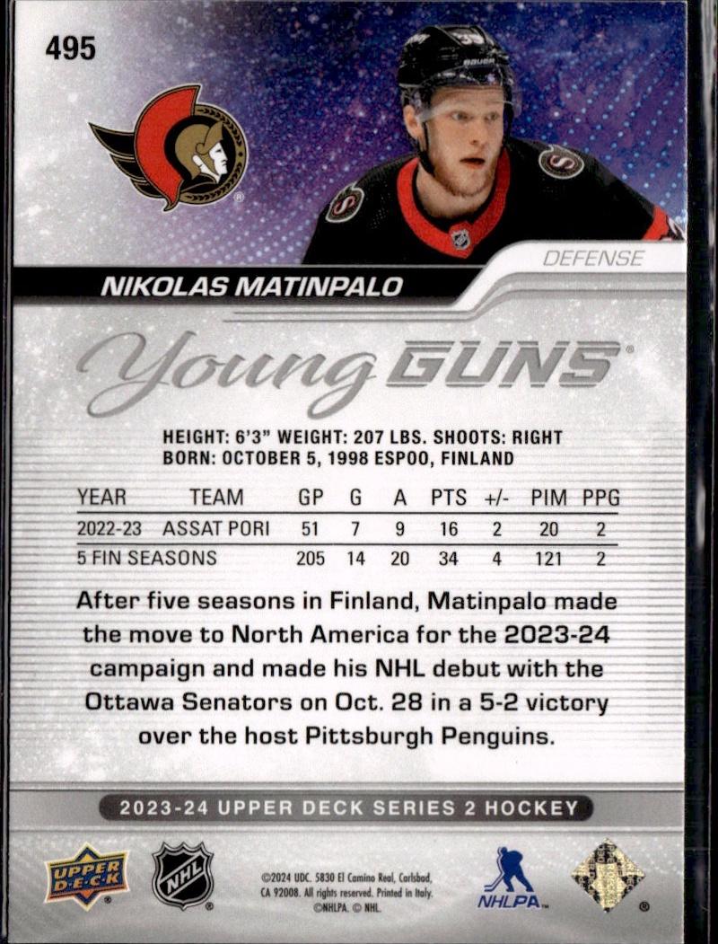 2023-24 Upper Deck Series 2 Hockey Base Young Guns #495 – Nikolas Matinpalo (Ottawa Senators)