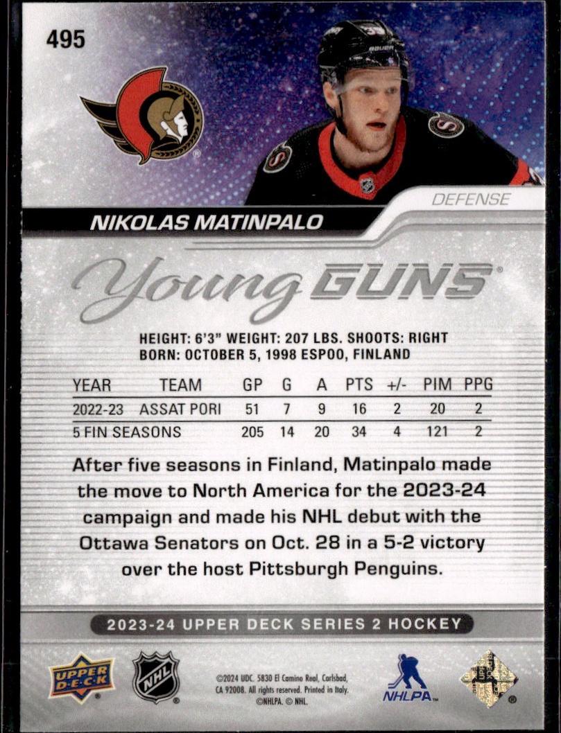 2023-24 Upper Deck Series 2 Hockey Base Young Guns #495 – Nikolas Matinpalo (Ottawa Senators)