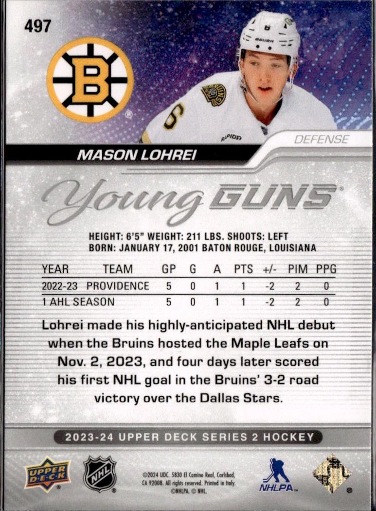 2023-24 Upper Deck Series 2 Hockey Base Young Guns #497 – Mason Lohrei (Boston Bruins)