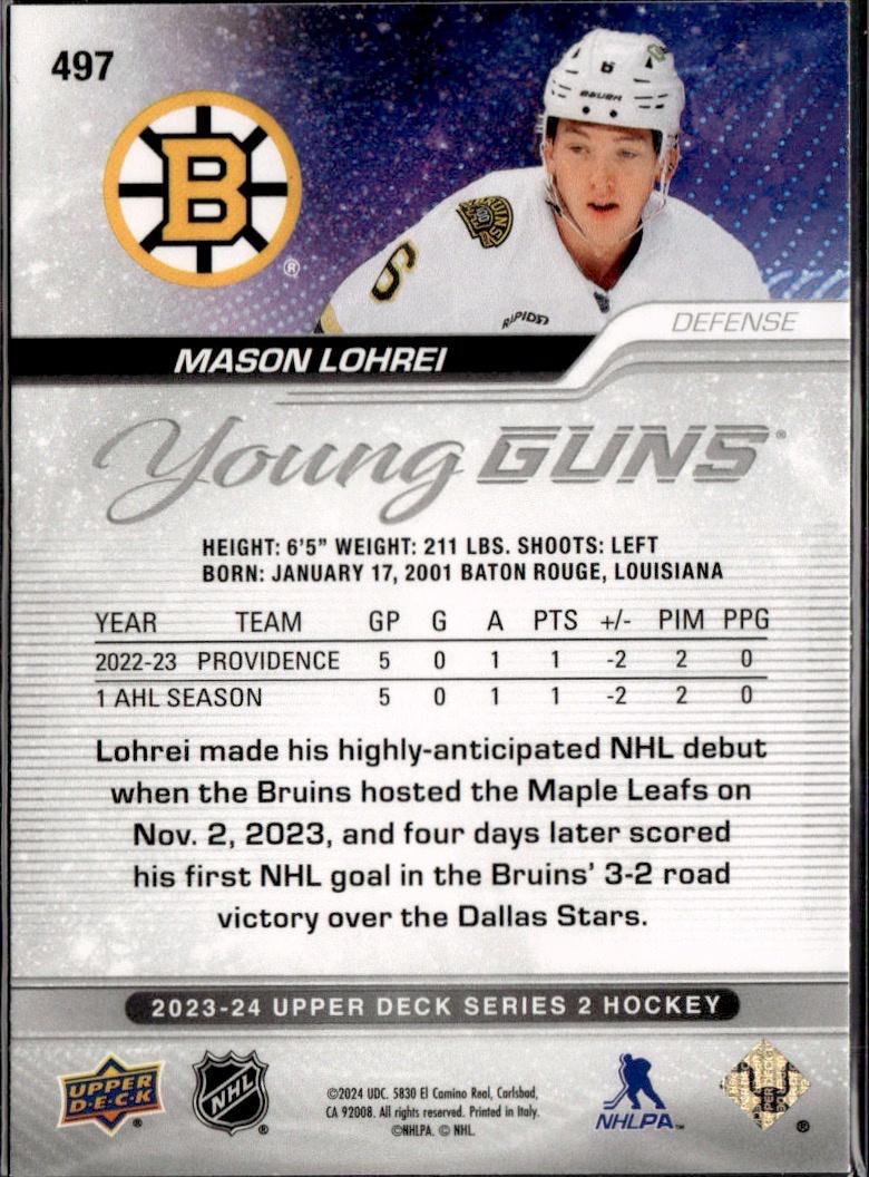 2023-24 Upper Deck Series 2 Hockey Base Young Guns #497 – Mason Lohrei (Boston Bruins)