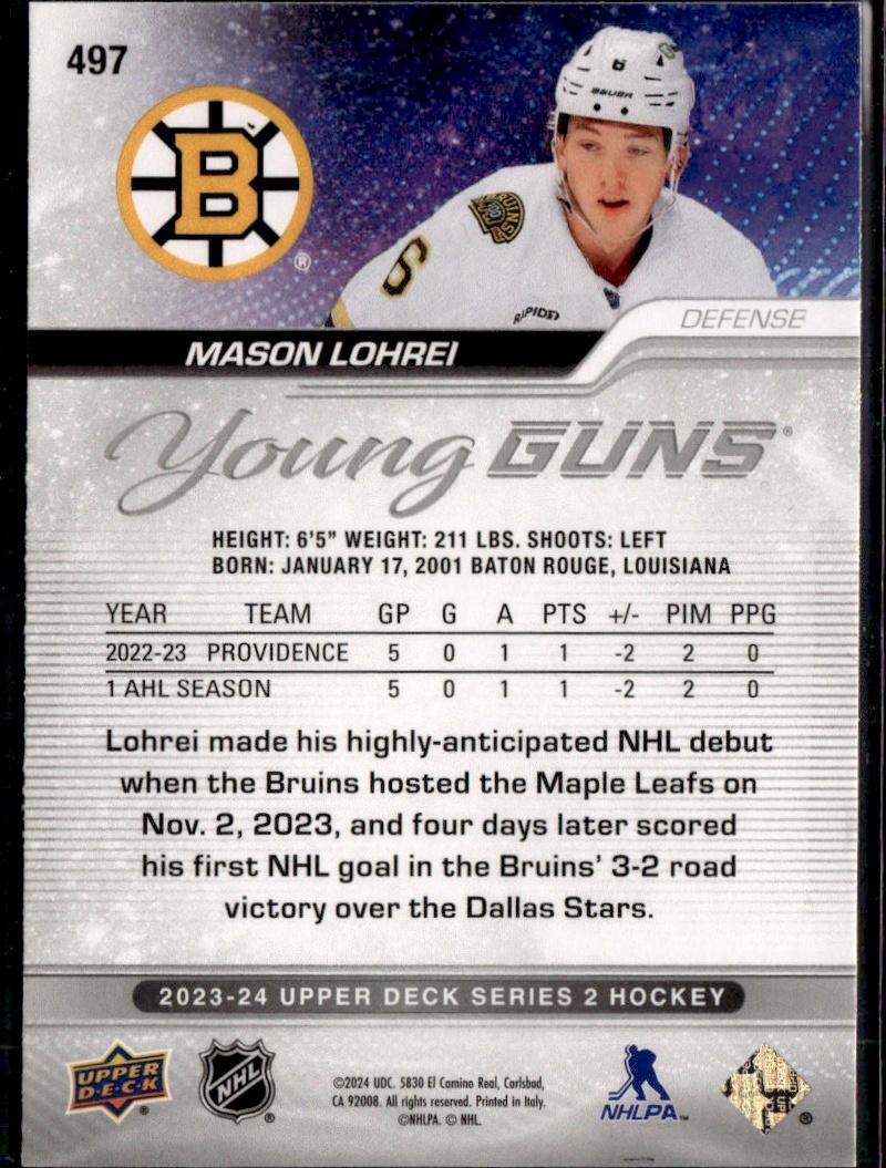 2023-24 Upper Deck Series 2 Hockey Base Young Guns #497 – Mason Lohrei (Boston Bruins)