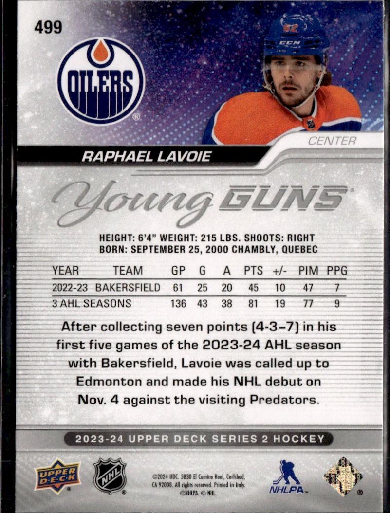 2023-24 Upper Deck Series 2 Hockey Base Young Guns #499 – Raphael Lavoie (Edmonton Oilers)