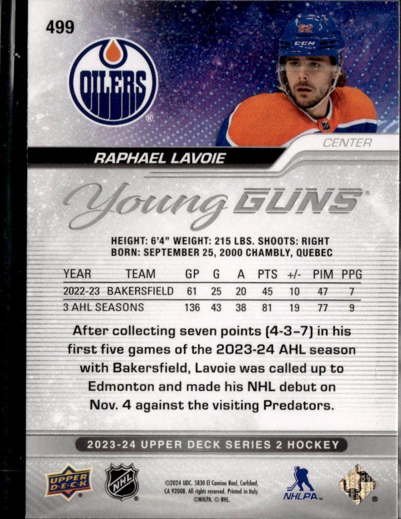 2023-24 Upper Deck Series 2 Hockey Base Young Guns #499 – Raphael Lavoie (Edmonton Oilers)