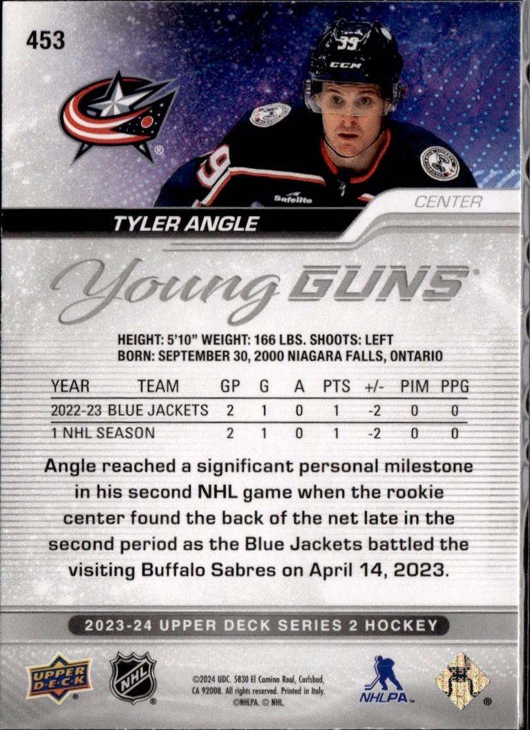 2023-24 Upper Deck Series 2 Hockey Base Young Guns #453 – Tyler Angle (Columbus Blue Jackets)
