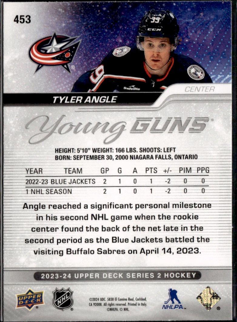 2023-24 Upper Deck Series 2 Hockey Base Young Guns #453 – Tyler Angle (Columbus Blue Jackets)