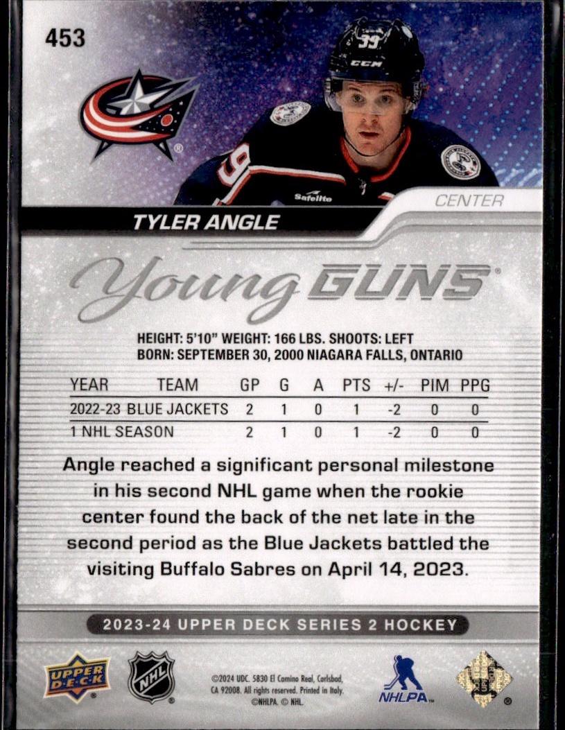 2023-24 Upper Deck Series 2 Hockey Base Young Guns #453 – Tyler Angle (Columbus Blue Jackets)