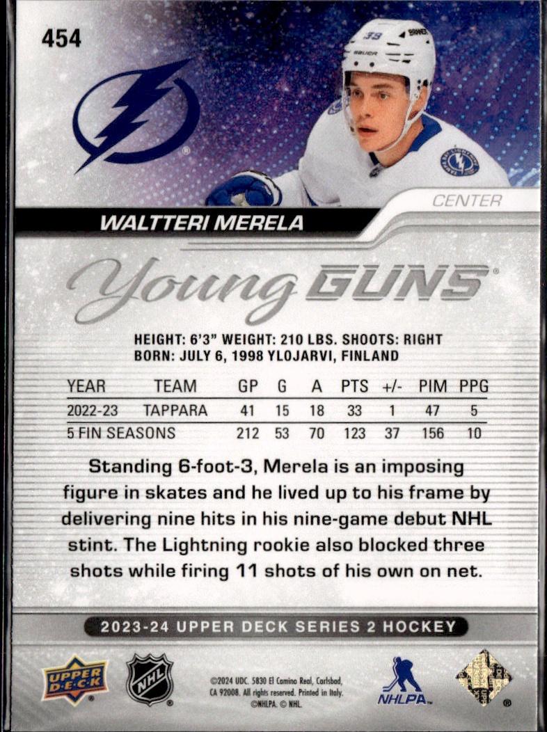 2023-24 Upper Deck Series 2 Hockey Base Young Guns #454 – Waltteri Merela (Tampa Bay Lightning)