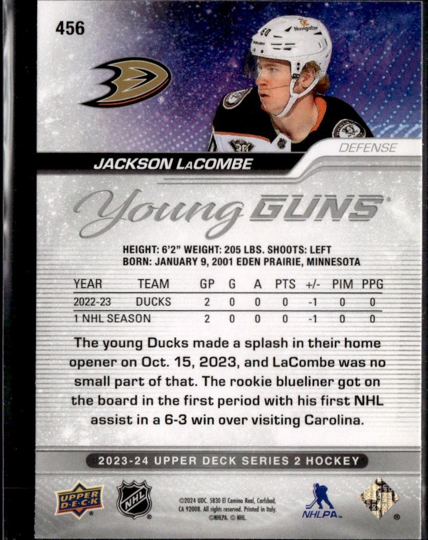 2023-24 Upper Deck Series 2 Hockey Base Young Guns #456 – Jackson LaCombe (Anaheim Ducks)