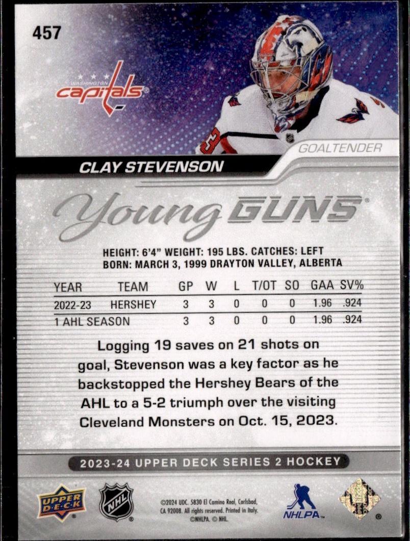 2023-24 Upper Deck Series 2 Hockey Base Young Guns #457 – Clay Stevenson (Washington Capitals)