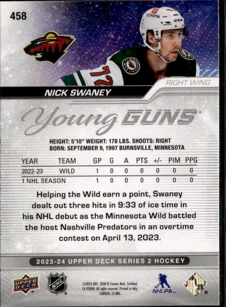 2023-24 Upper Deck Series 2 Hockey Base Young Guns #458 – Nick Swaney (Minnesota Wild)