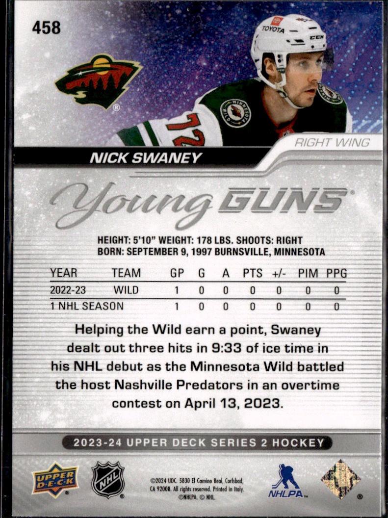 2023-24 Upper Deck Series 2 Hockey Base Young Guns #458 – Nick Swaney (Minnesota Wild)