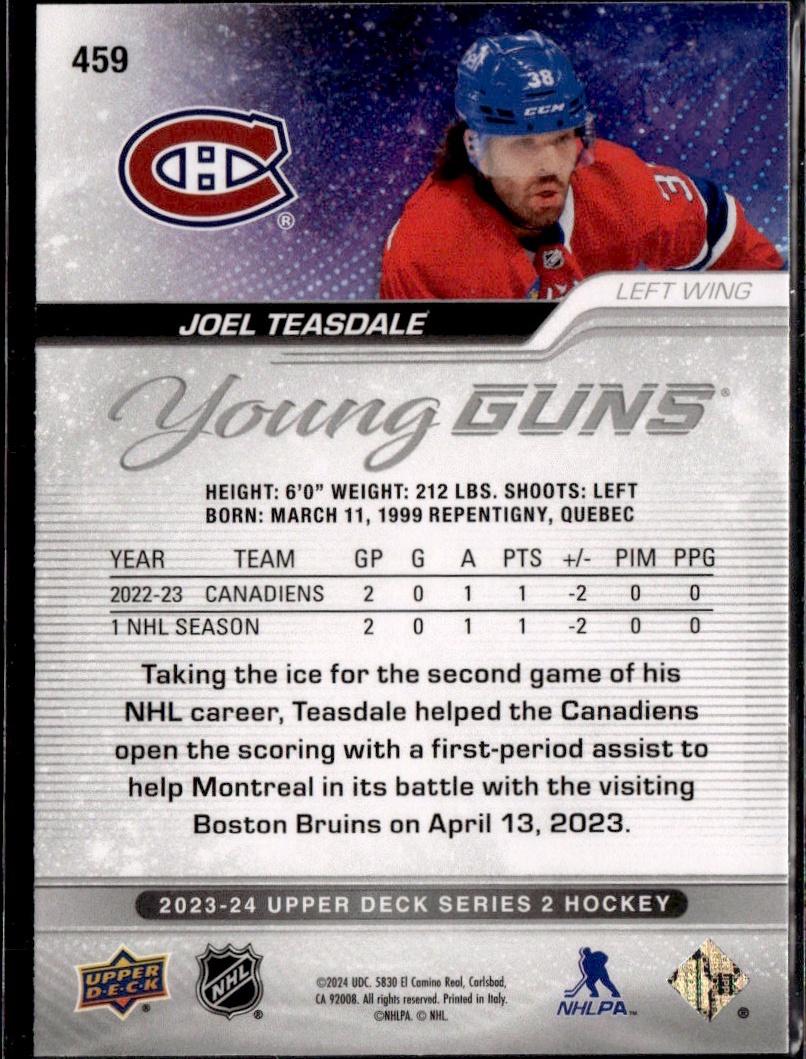 2023-24 Upper Deck Series 2 Hockey Base Young Guns #459 – Joel Teasdale (Montreal Canadiens)