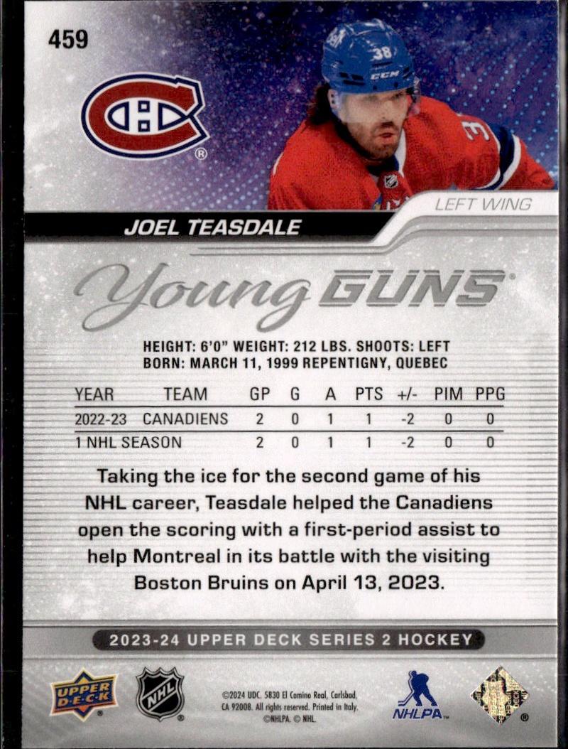 2023-24 Upper Deck Series 2 Hockey Base Young Guns #459 – Joel Teasdale (Montreal Canadiens)