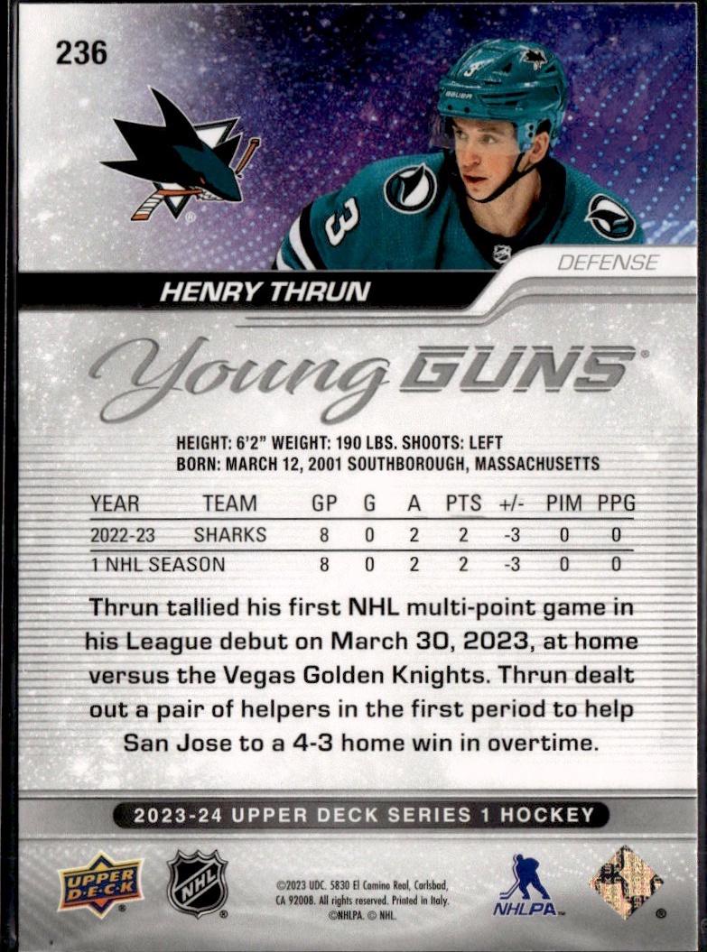 2023-24 Upper Deck Series 1 Hockey Base Young Guns #236 – Henry Thrun (San Jose Sharks)