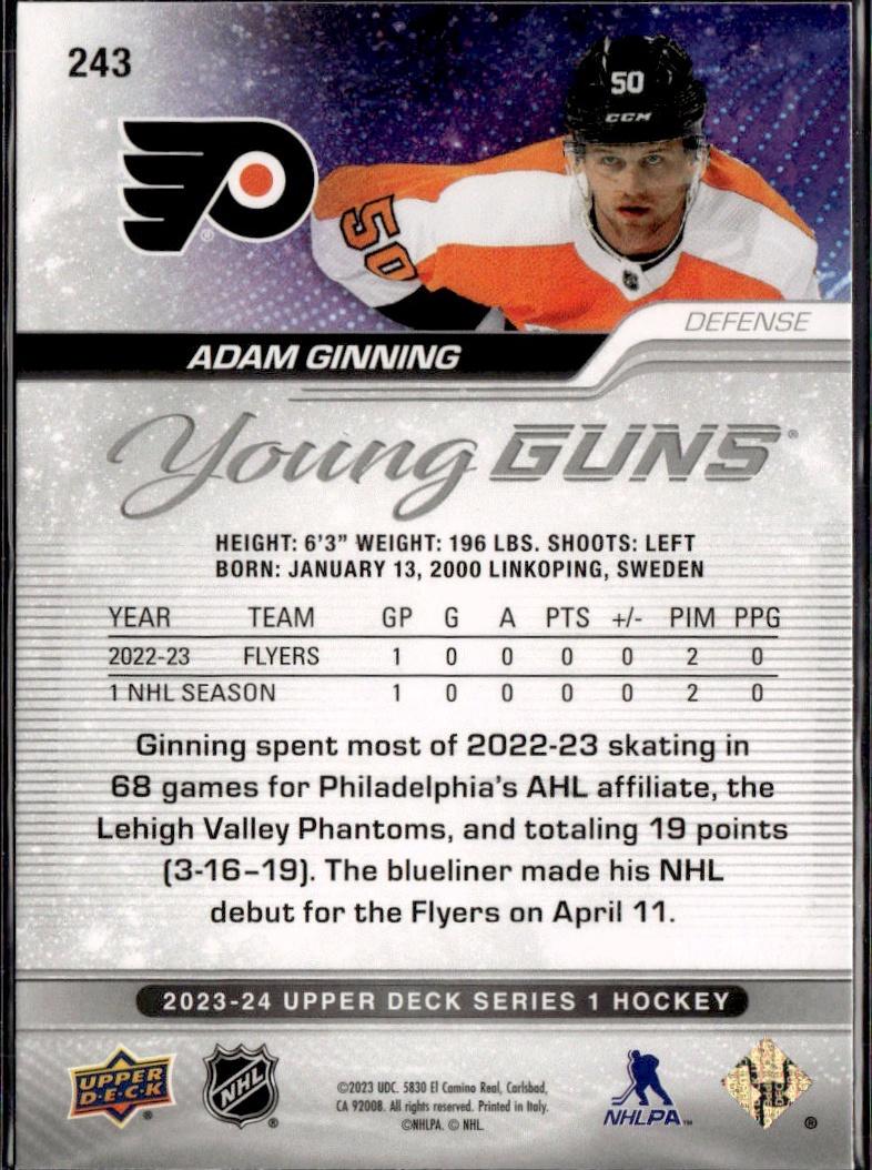 2023-24 Upper Deck Series 1 Hockey Base Young Guns #243 – Adam Ginning (Philadelphia Flyers)