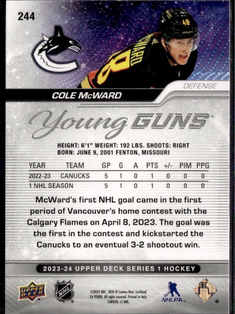 2023-24 Upper Deck Series 1 Hockey Base Young Guns #244 – Cole McWard (Vancouver Canucks)