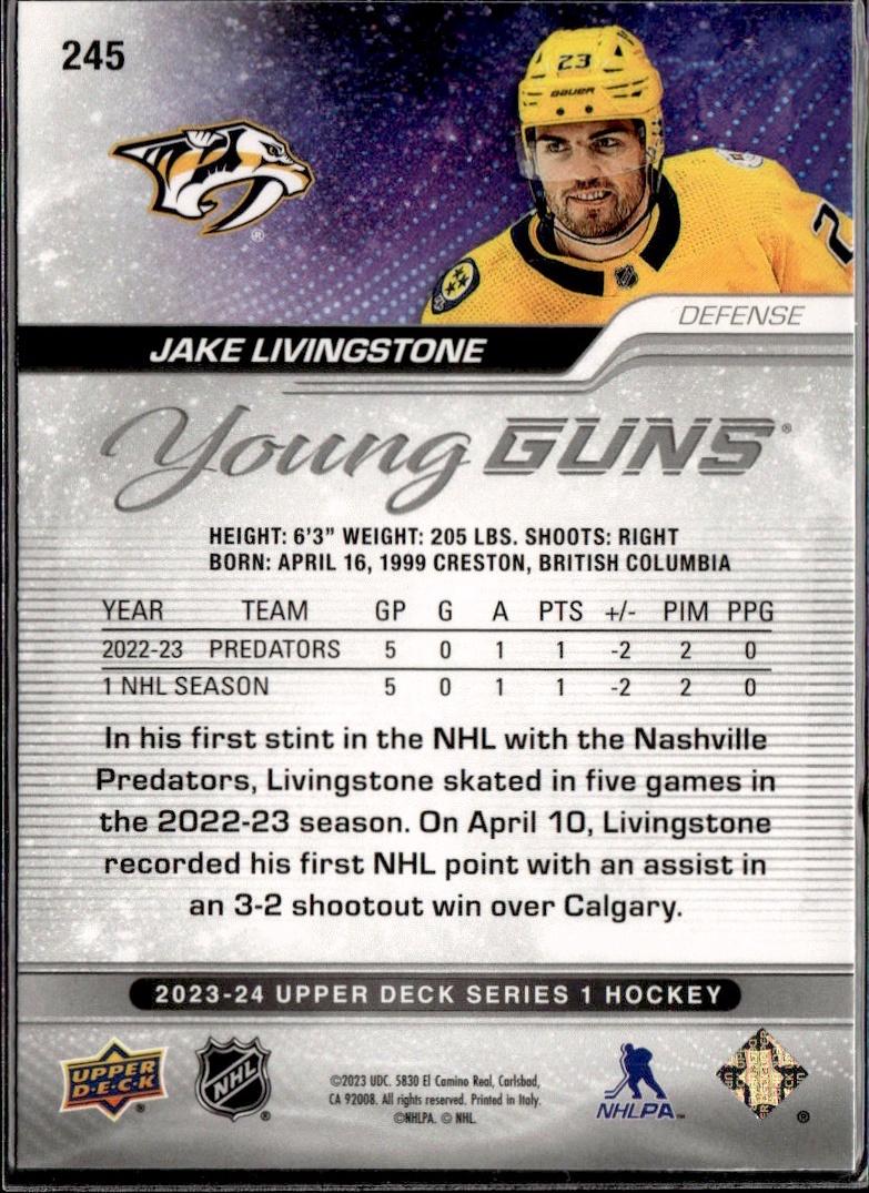 2023-24 Upper Deck Series 1 Hockey Base Young Guns #245 – Jake Livingstone (Nashville Predators)