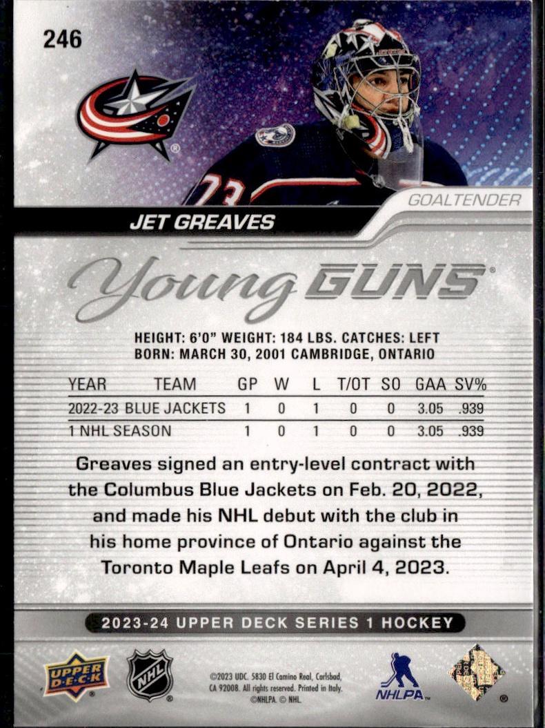 2023-24 Upper Deck Series 1 Hockey Base Young Guns #246 – Jet Greaves (Columbus Blue Jackets)