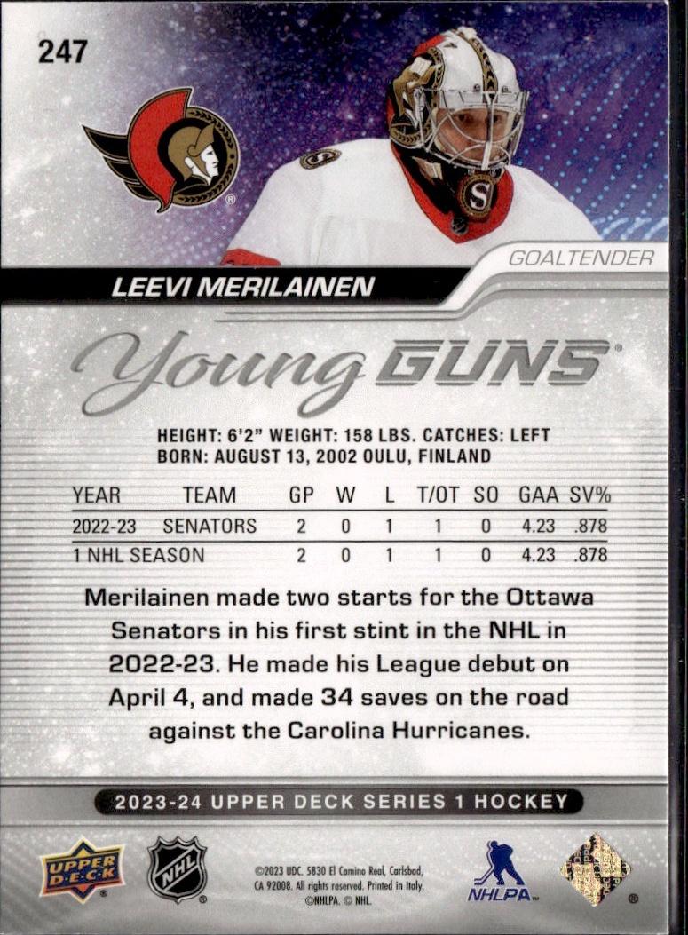 2023-24 Upper Deck Series 1 Hockey Base Young Guns #247 – Leevi Merilainen (Ottawa Senators)