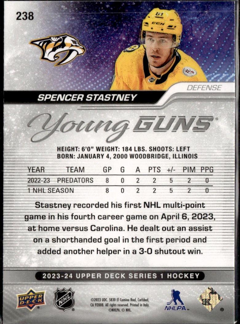 2023-24 Upper Deck Series 1 Hockey Base Young Guns #238 – Spencer Stastney (Nashville Predators)